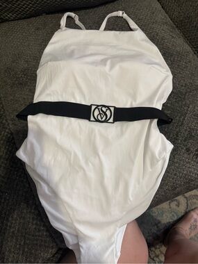 Victoria’s Secret White Ribbed One-Piece Swimsuit with Black VS Logo Belt